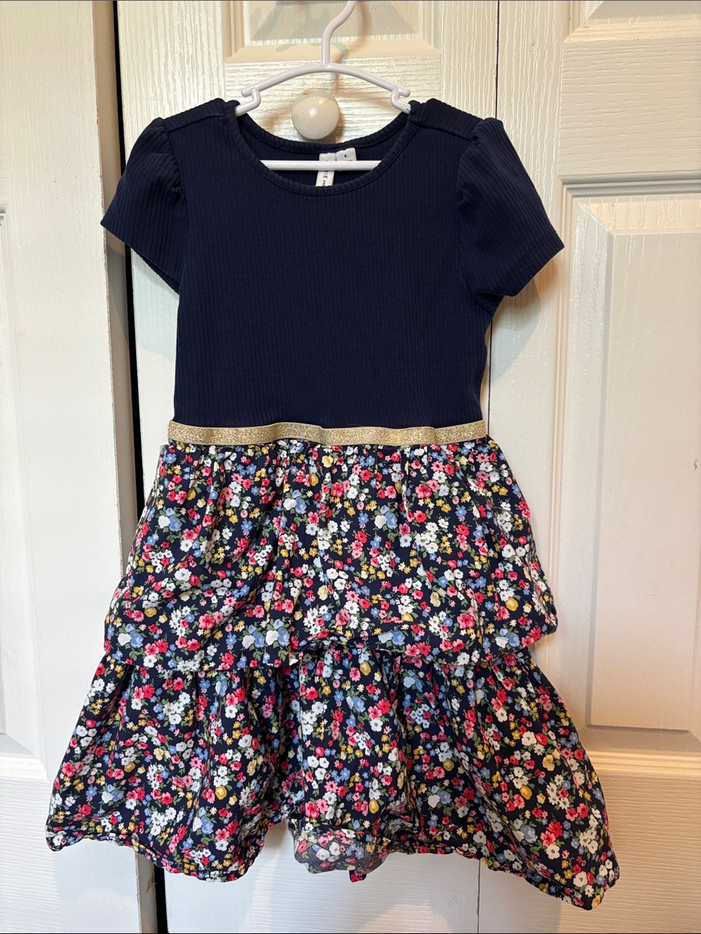 Janie and Jack Navy Top Floral Tiered Dress with Gold Waistband